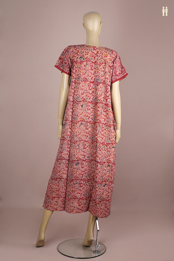 Round Neck Paisley Design Red Kalamkari Cotton Nightie