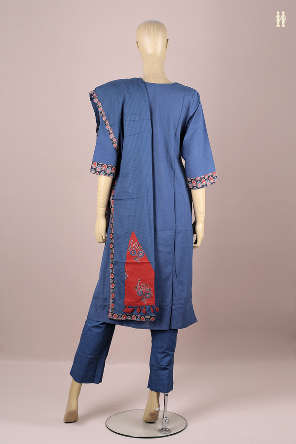 Round Neck Patch Work Blue Cotton Salwar Set
