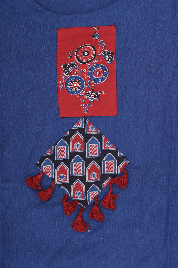 Round Neck Patch Work Blue Cotton Salwar Set