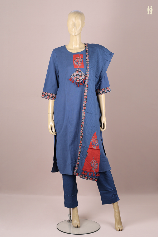 Round Neck Patch Work Blue Cotton Salwar Set