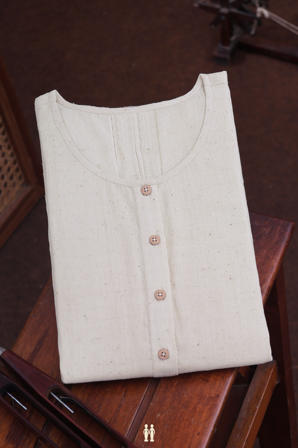 Round Neck Plain Beige Handspun Cotton Long Kurta