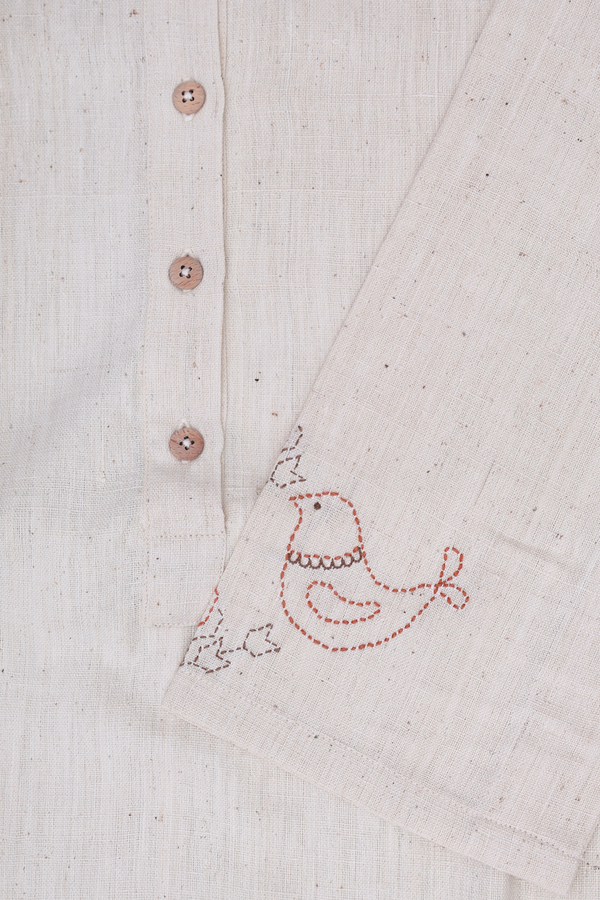 Round Neck Plain Beige Handspun Cotton Long Kurta