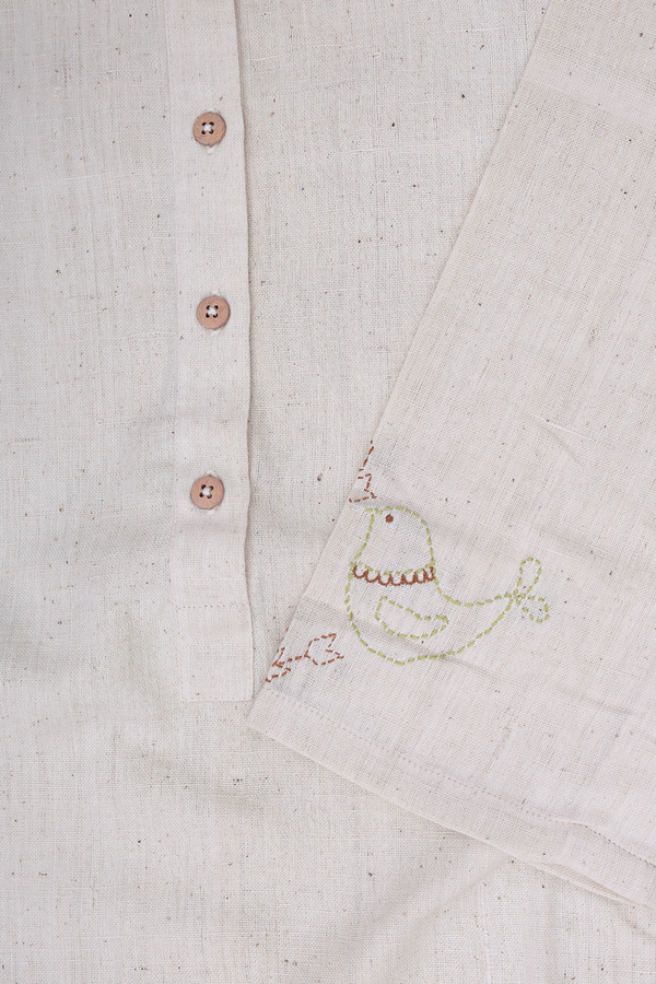 Round Neck Plain Beige Handspun Cotton Long Kurta