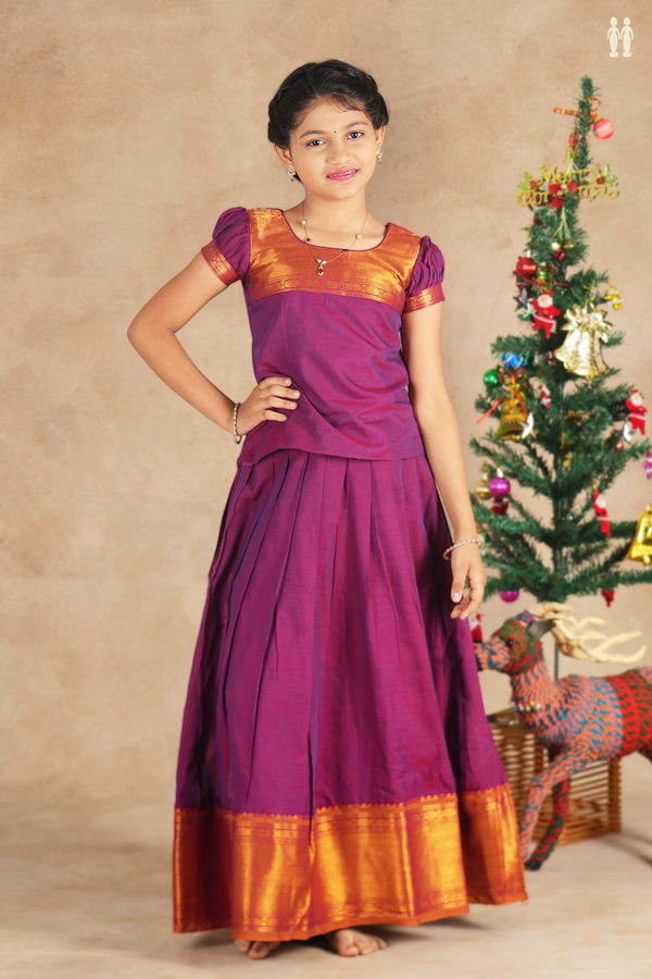 Round Neck Plain Berry Purple Cotton Pavadai Sattai