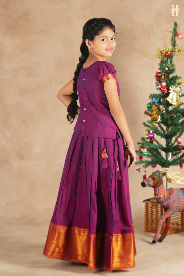Round Neck Plain Berry Purple Cotton Pavadai Sattai