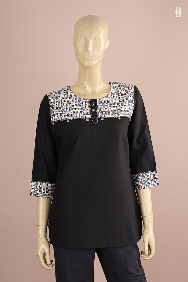 Round Neck Plain Black Cotton Short Top