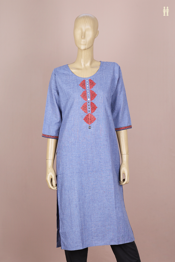 Round Neck Plain Blue Cotton Long Kurta