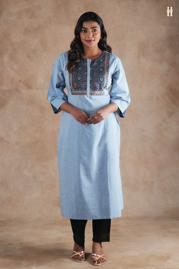 Round Neck Plain Blue Cotton Long Kurta