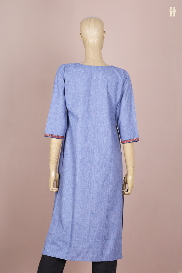 Round Neck Plain Blue Cotton Long Kurta