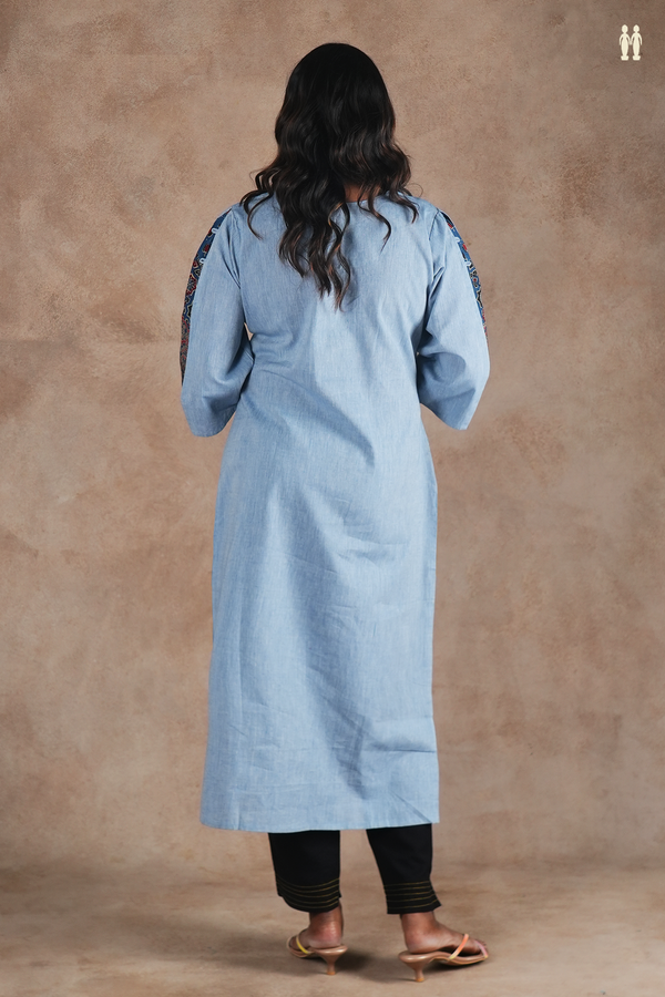 Round Neck Plain Blue Cotton Long Kurta