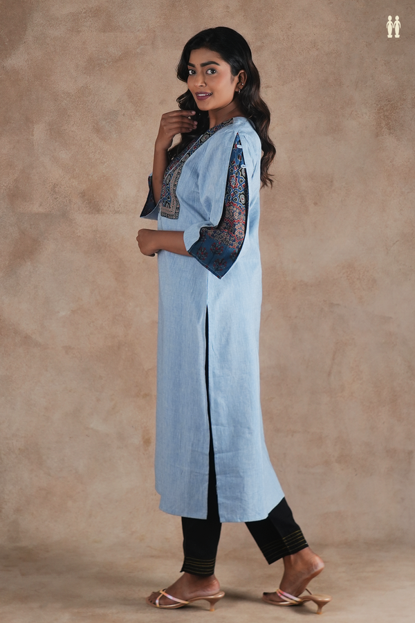 Round Neck Plain Blue Cotton Long Kurta