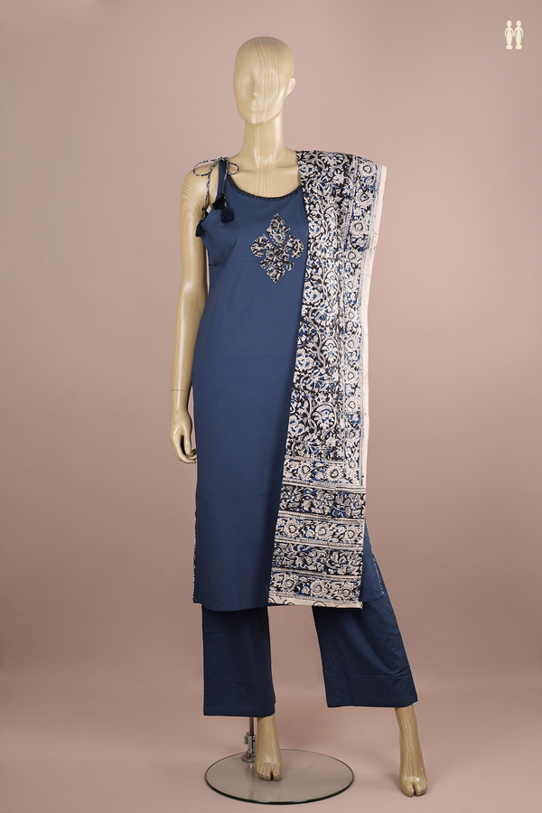 Round Neck Plain Blue Cotton Salwar Set
