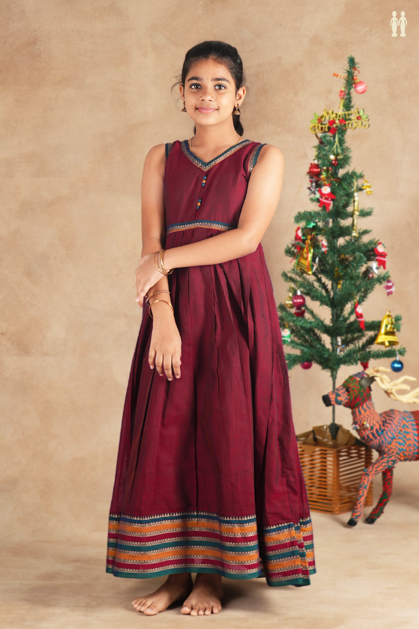 V-Neck Plain Burgundy Red Cotton Frock