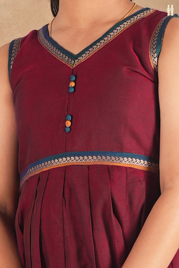 V-Neck Plain Burgundy Red Cotton Frock