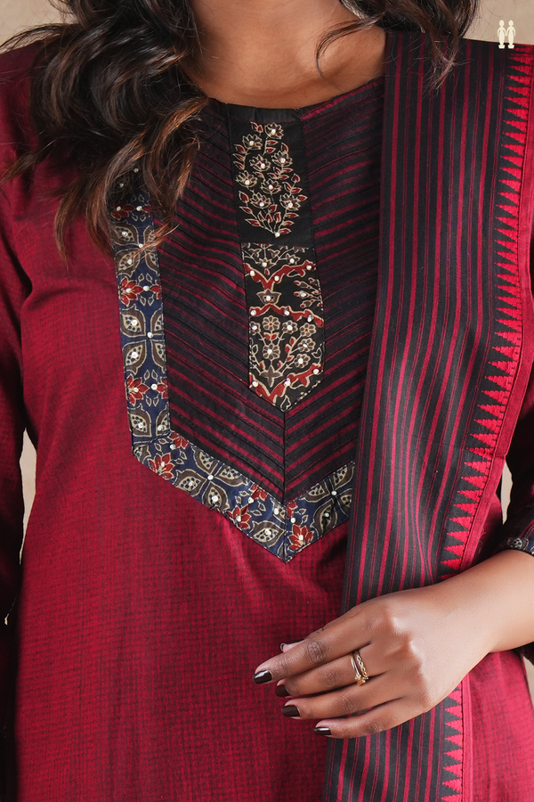 Round Neck Plain Burgundy Red Cotton Salwar Set