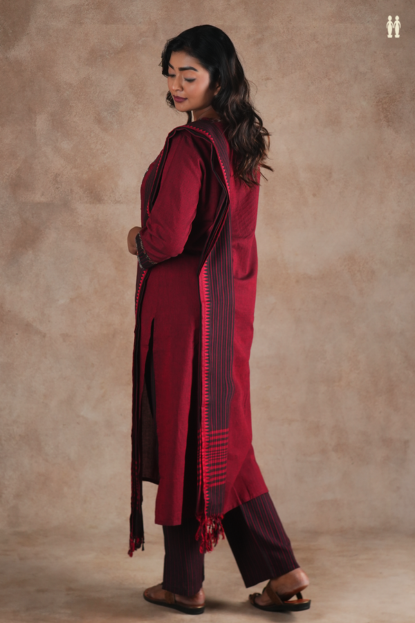 Round Neck Plain Burgundy Red Cotton Salwar Set