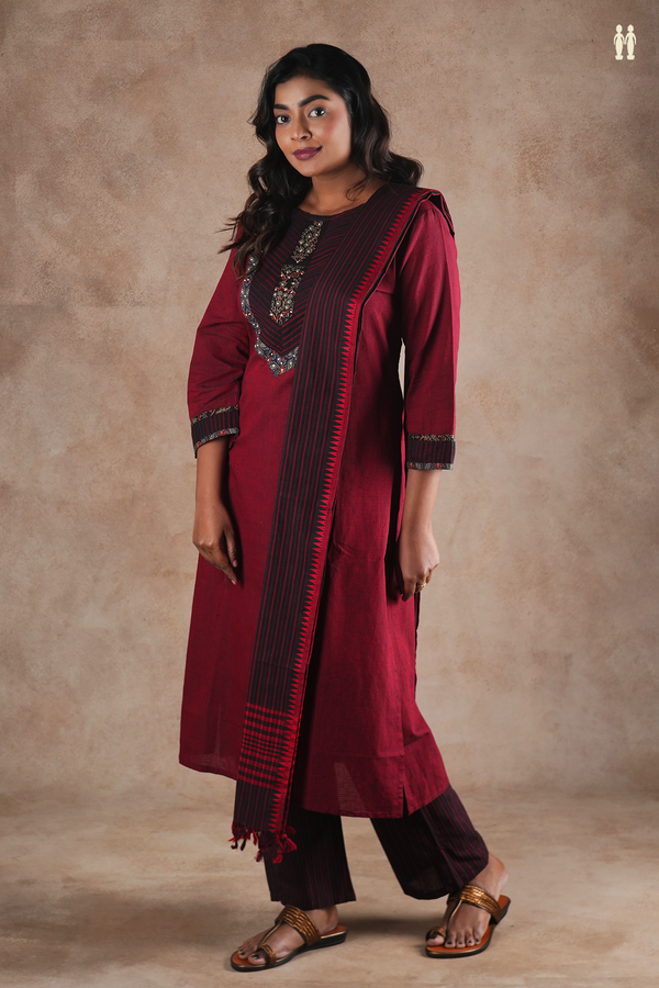Round Neck Plain Burgundy Red Cotton Salwar Set