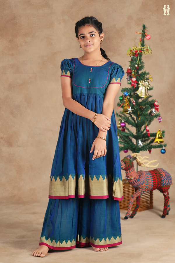 Round Neck Plain Capri Blue Cotton Sharara Set