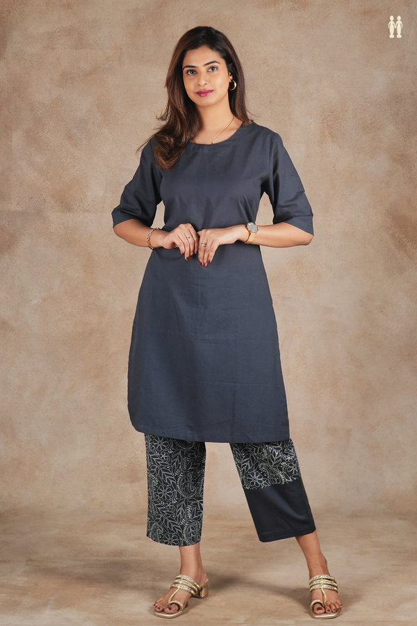 Round Neck Plain Charcoal Grey Cotton Salwar Set