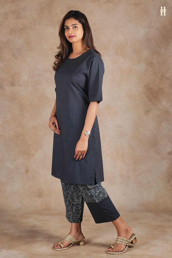 Round Neck Plain Charcoal Grey Cotton Salwar Set