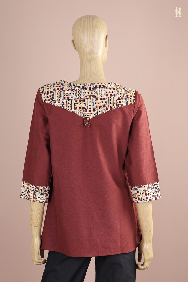 Round Neck Plain Coffee Brown Cotton Short Top