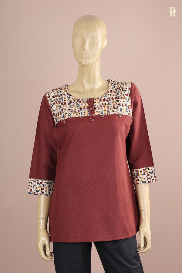 Round Neck Plain Coffee Brown Cotton Short Top