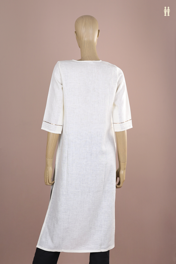 Round Neck Plain Egg White Linen Long Kurta