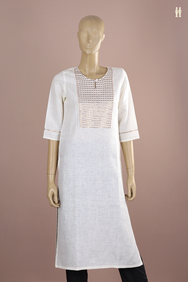 Round Neck Plain Egg White Linen Long Kurta