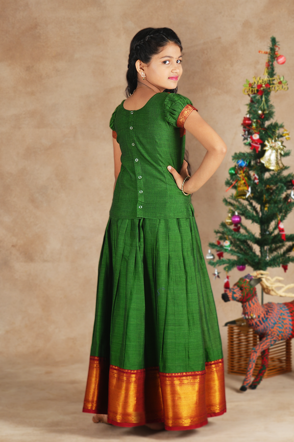 Round Neck Plain Forest Green Cotton Pavadai Sattai