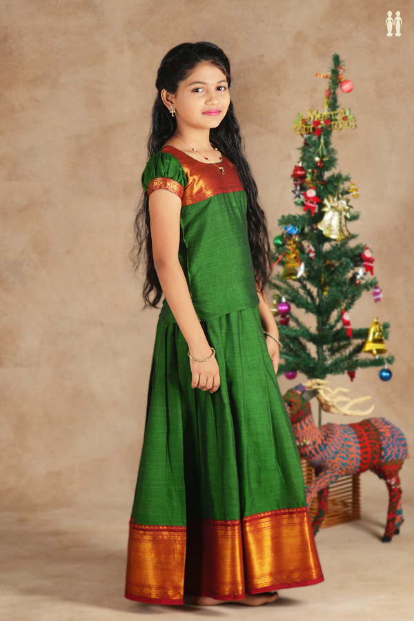 Round Neck Plain Forest Green Cotton Pavadai Sattai