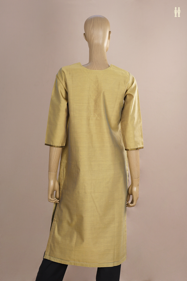 Round Neck Plain Golden Green Silk Cotton Long Kurta