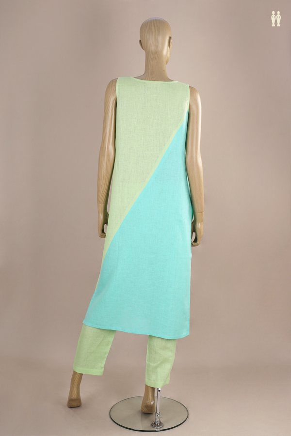 Round Neck Plain Green And Blue Linen Salwar Set