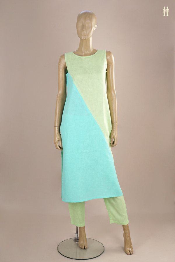 Round Neck Plain Green And Blue Linen Salwar Set