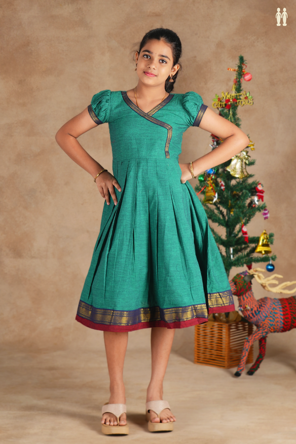 V-Neck Plain Green Cotton Frock