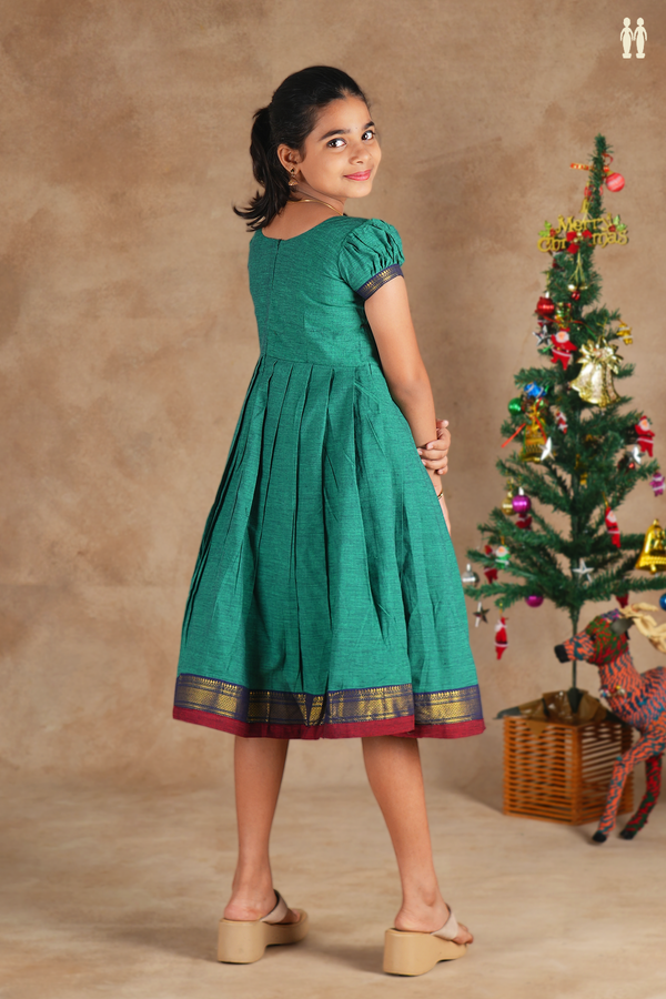 V-Neck Plain Green Cotton Frock