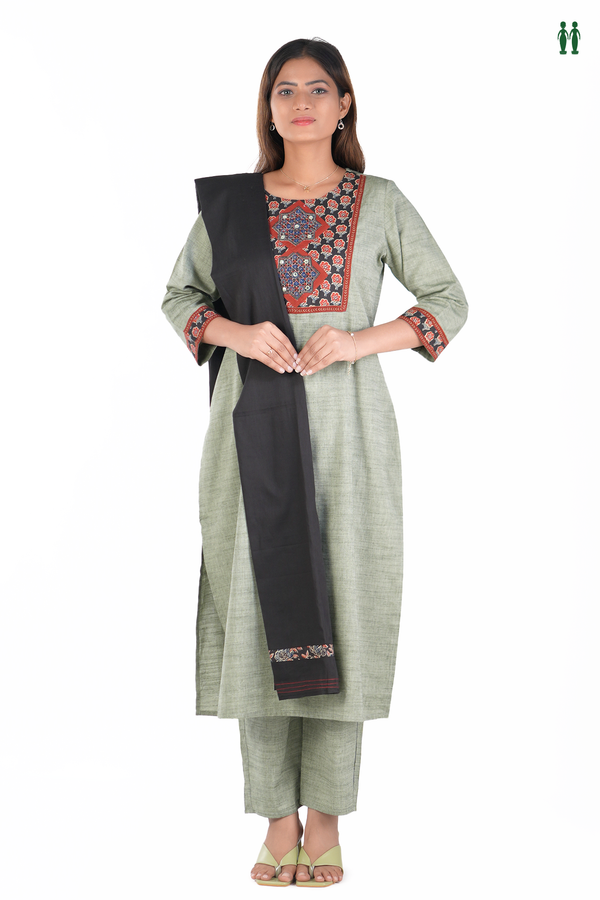 Round Neck Plain Green Cotton Salwar Set