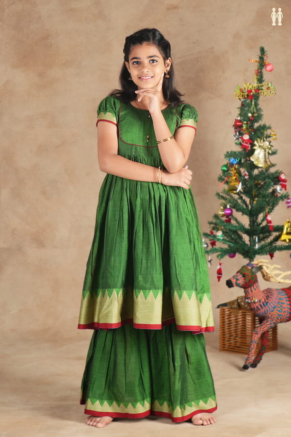 Round Neck Plain Green Cotton Sharara  Set