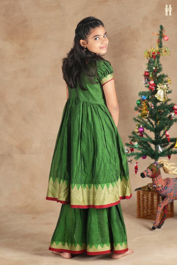 Round Neck Plain Green Cotton Sharara  Set