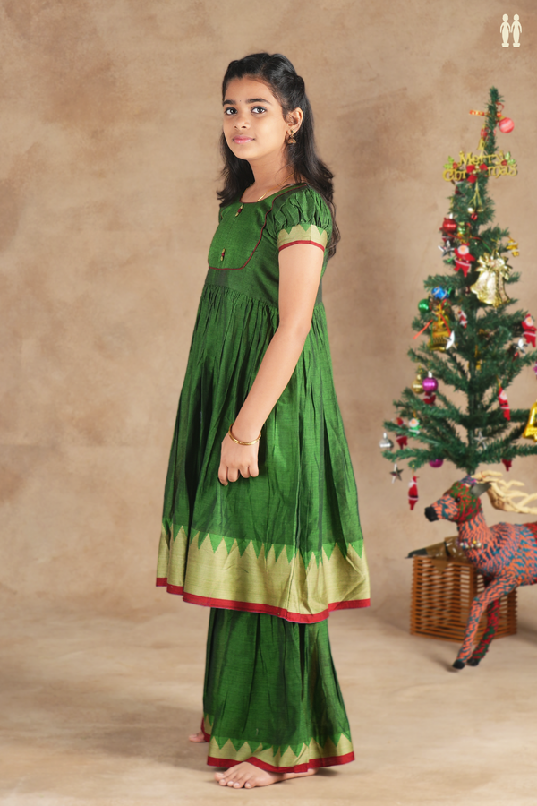 Round Neck Plain Green Cotton Sharara  Set