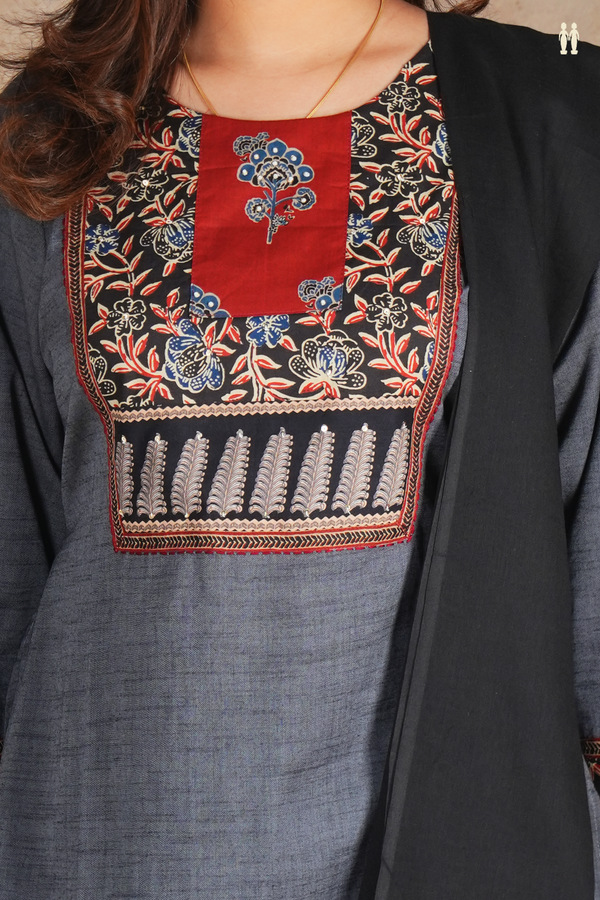 Round Neck Plain Grey Cotton Salwar Set