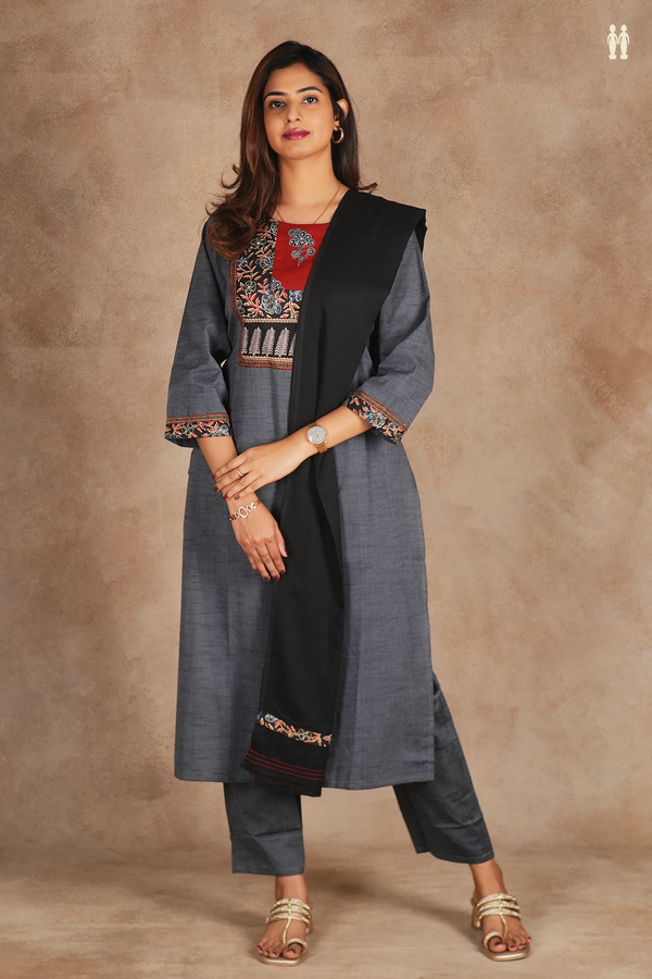 Round Neck Plain Grey Cotton Salwar Set