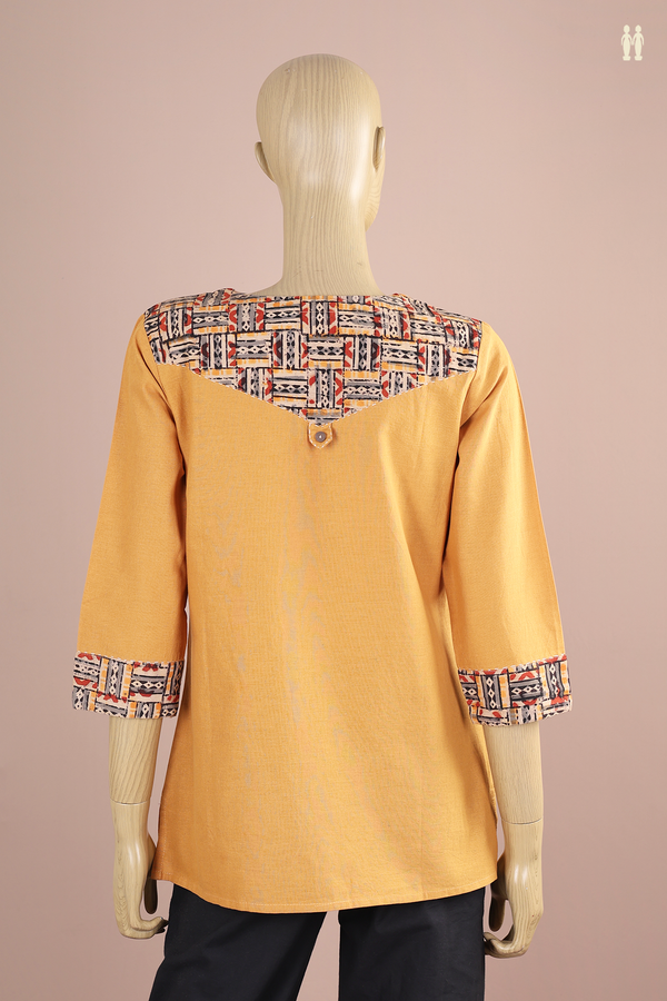 Round Neck Plain Mustard Yellow Cotton Short Top