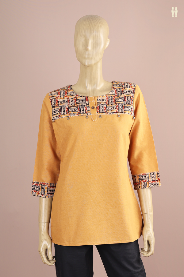 Round Neck Plain Mustard Yellow Cotton Short Top