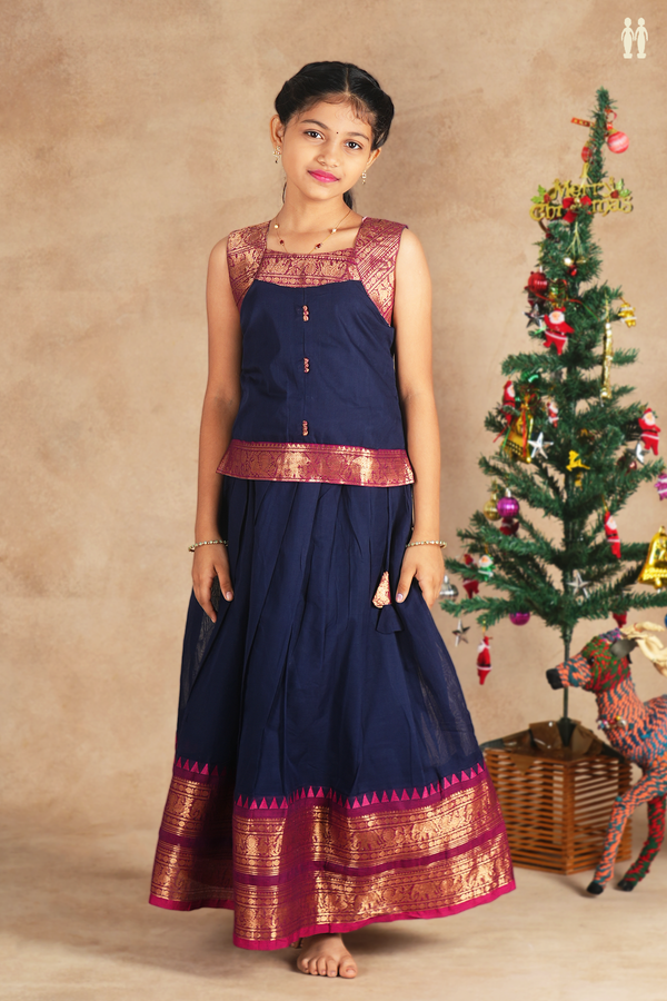 Round Neck Plain Navy Blue Cotton Pavadai Sattai