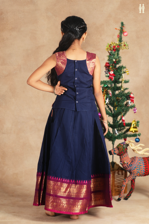 Round Neck Plain Navy Blue Cotton Pavadai Sattai