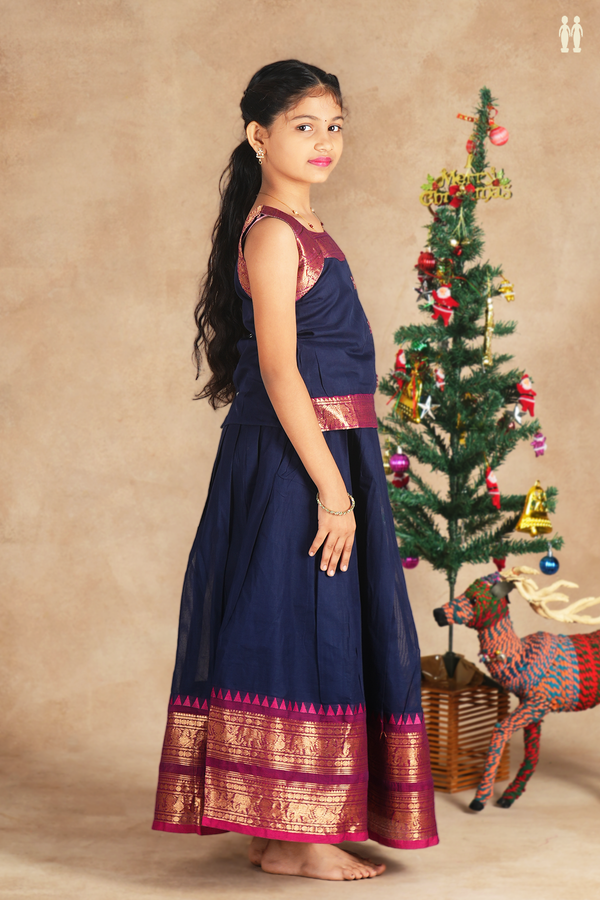 Round Neck Plain Navy Blue Cotton Pavadai Sattai