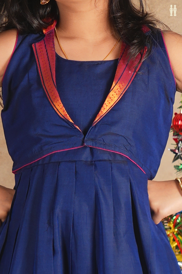 Round Neck Plain Navy Blue Silk Cotton Frock