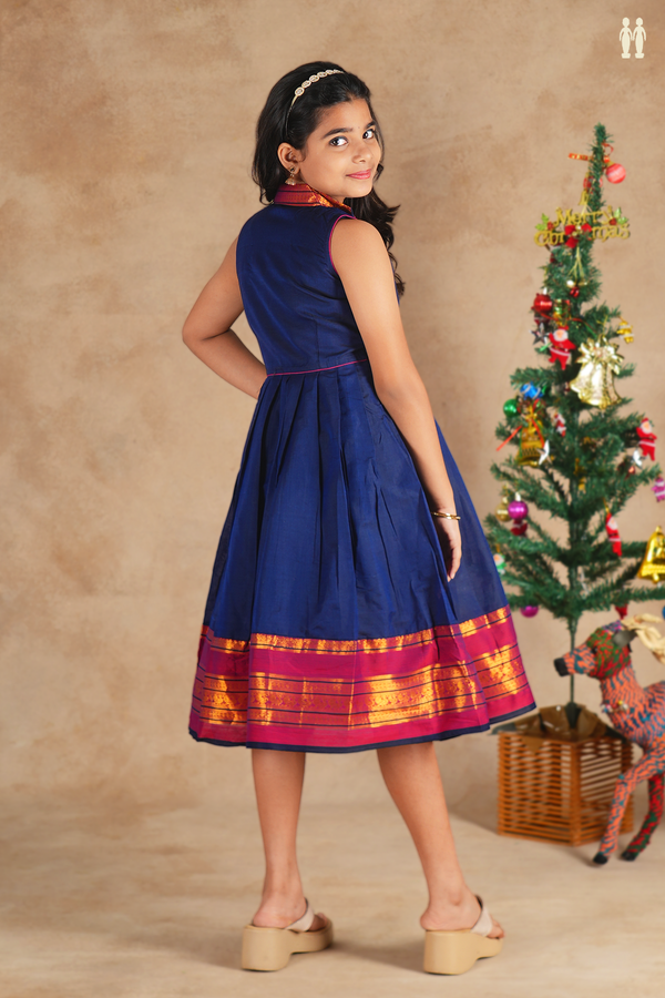 Round Neck Plain Navy Blue Silk Cotton Frock