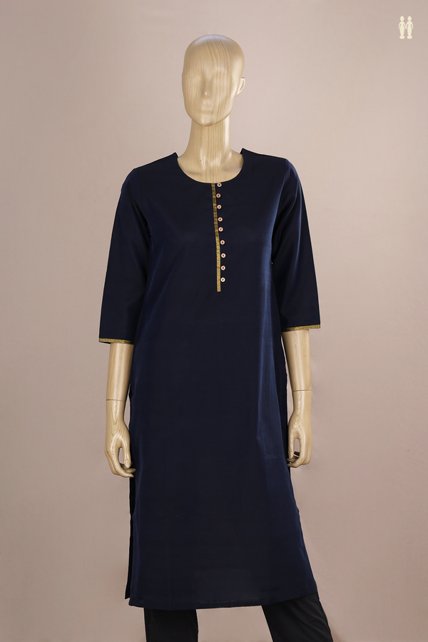 Round Neck Plain Navy Blue Silk Cotton Long Kurta