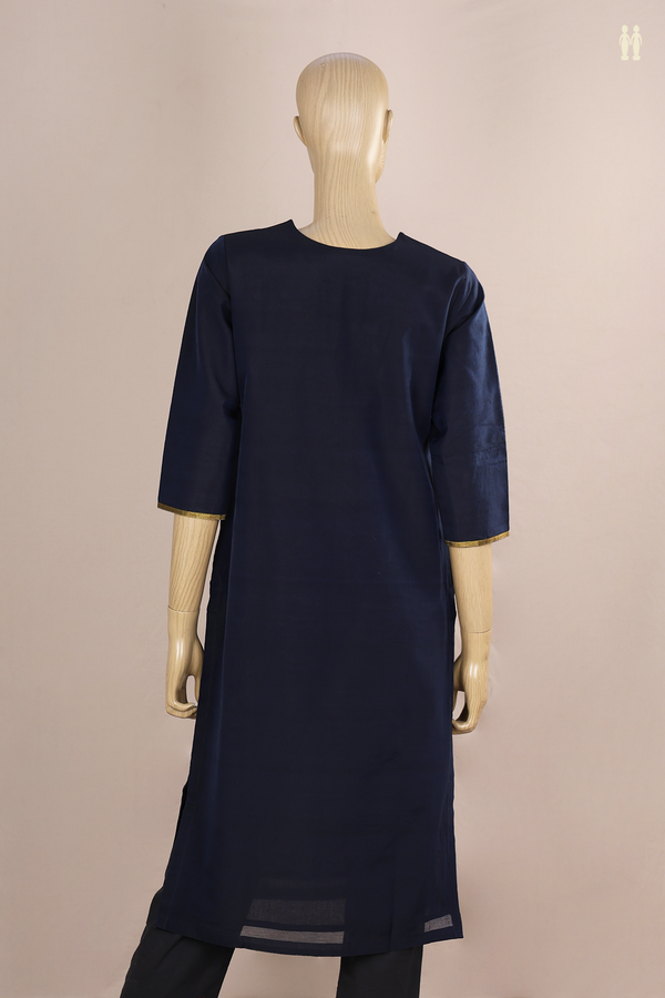 Round Neck Plain Navy Blue Silk Cotton Long Kurta